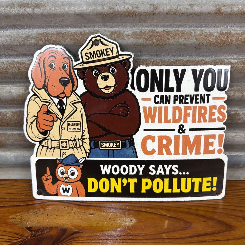 Forest Service Porcelain Sign Smokey Bear-McGruff the Crime Dog & Woodsy Owl 10"